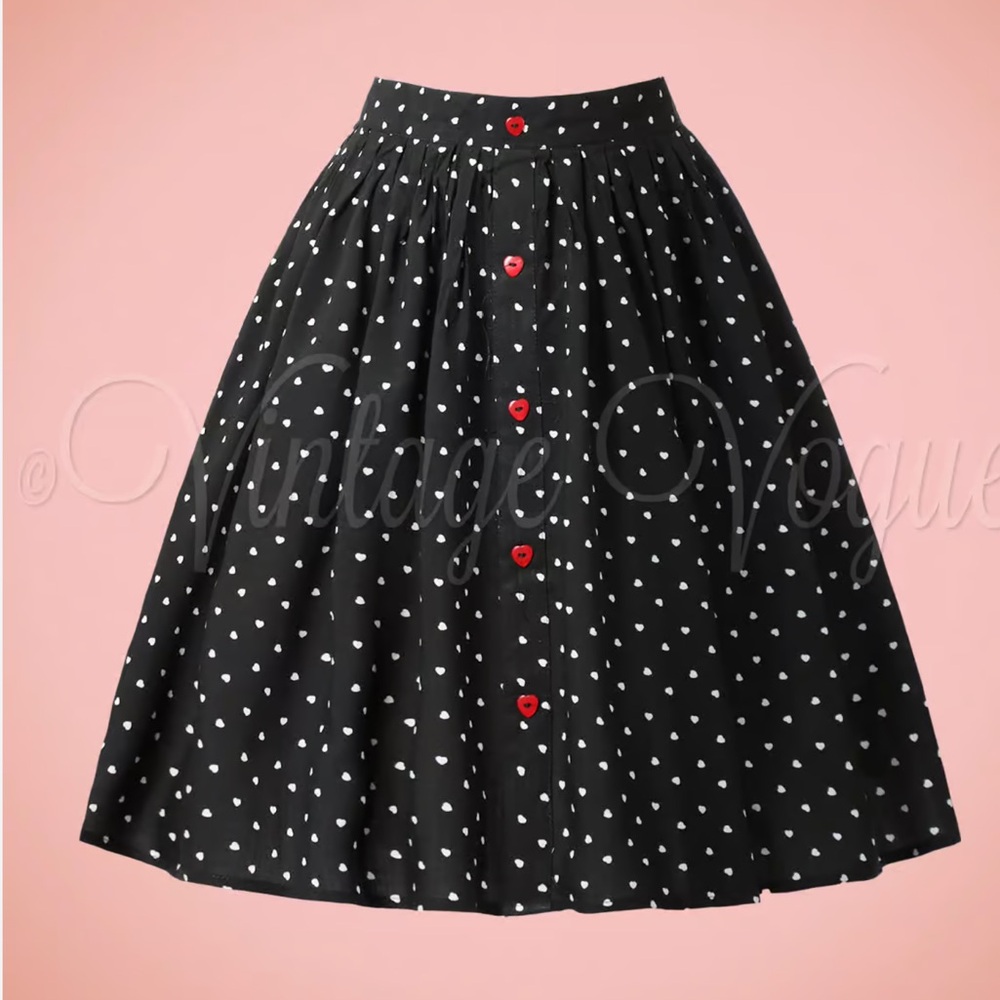 WOMEN’S HELL BUNNY A-LINE BLACK W/ POLKA DOTS SKIRT W/ POCKETS HEART BUTTONS EUC